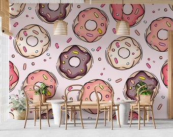 Donut-Wandgrafiken, Desserts, Donuts, Tapete zum Abziehen und Aufkleben, Desserts, Süßigkeiten, Tapete, Café, Bäckerei, Restaurant, abnehmbare Tapete, PW548
