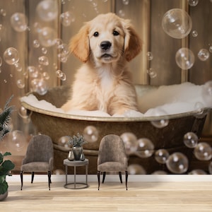 Dog Grooming Wall Graphics Peel and Stick Wallpaper Dog Grooming Self Adhesive Removable Fabric Veterinary Clinic Mural PW413
