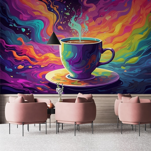 Colorful Coffee Peel and Stick Wallpaper for Coffee Shop Self Adhesive Removable Fabric Restaurant Mural Wallpaper PW512