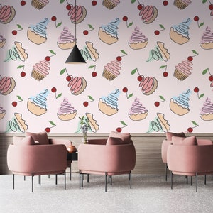 Sweets Wall Graphics Desserts Cupcakes Wallpaper Peel and Stick Wallpaper Cafe Bakery Restaurant Self Adhesive Removable Mural PW530