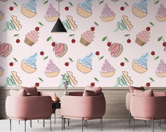 Tapete mit Süßigkeiten, Wandgrafiken, Desserts, Cupcakes, zum Abziehen und Aufkleben, für Café, Bäckerei, Restaurant, selbstklebendes, abnehmbares Wandbild PW530
