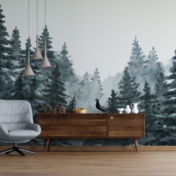 Pine Trees Forest Wall Mural Peel and Stick Wallpaper Nature Wallpaper Self Adhesive Removable Fabric Foggy Forest Wallpaper PW220