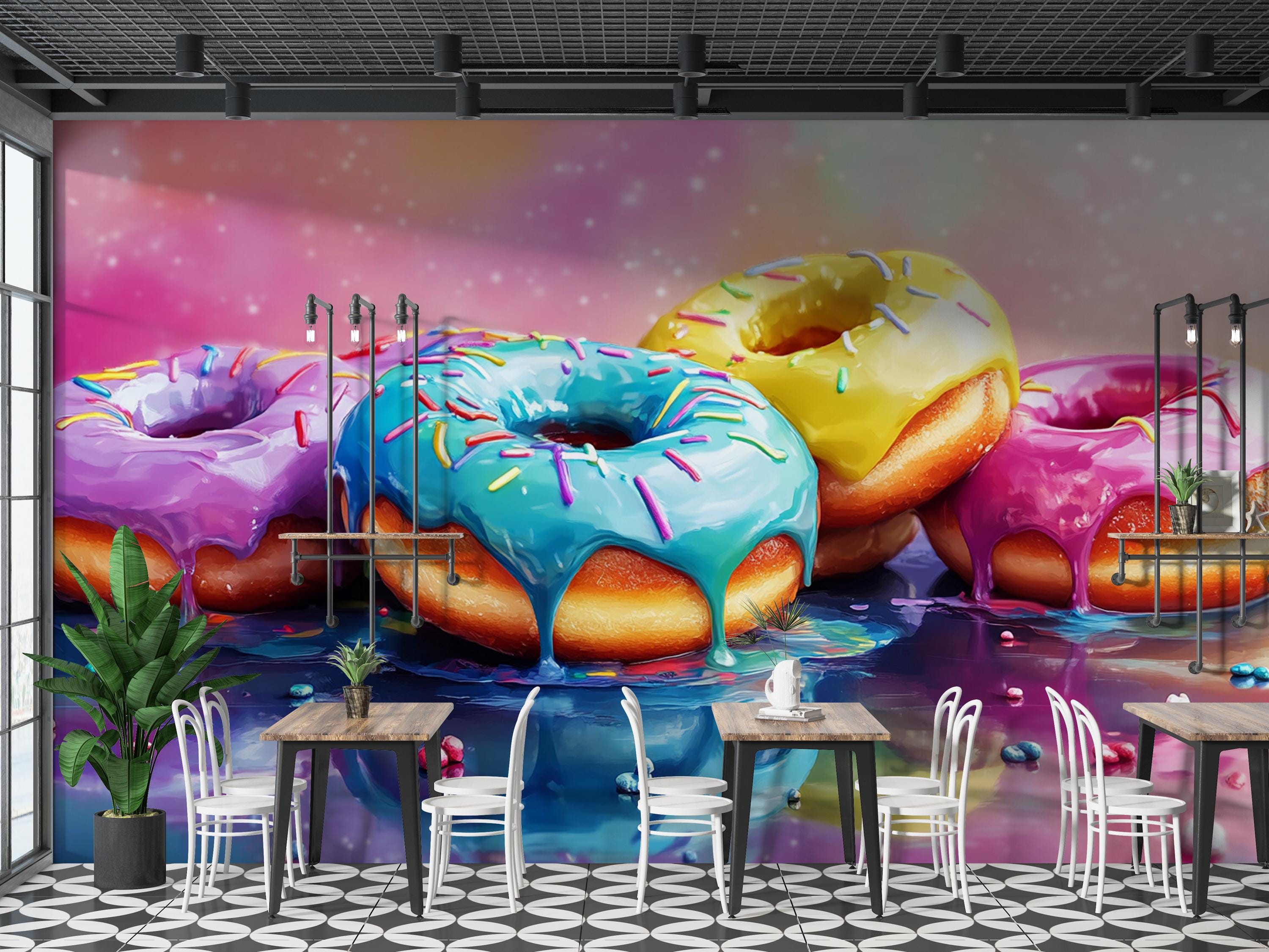 Déco Murale Adhésive Cuisine – Donuts & Café, Vinyle, Effet Cartoon