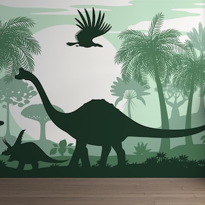 Green Dinosaur Forest Mural | Dino World Peel and Stick Wallpaper | PW675