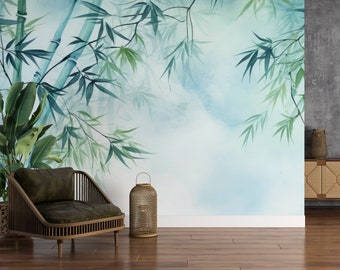 Rustige muurschildering bamboebos | Green Nature Peel & Stick verwijderbaar behang | Spa, restaurantdecoratie | PW463v