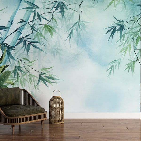Bambus-Tapete, Natur-Wandgrafik, grüne Pflanzen, Bambus-Tapete zum Abziehen und Aufkleben, für Restaurant, hohe Bambusbäume, PW463