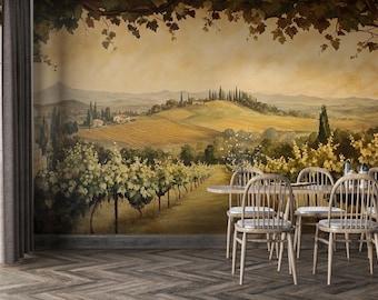 Tuscan Vineyard Wall Mural | Italian Countryside Rustic Wine Hills Landscape V16