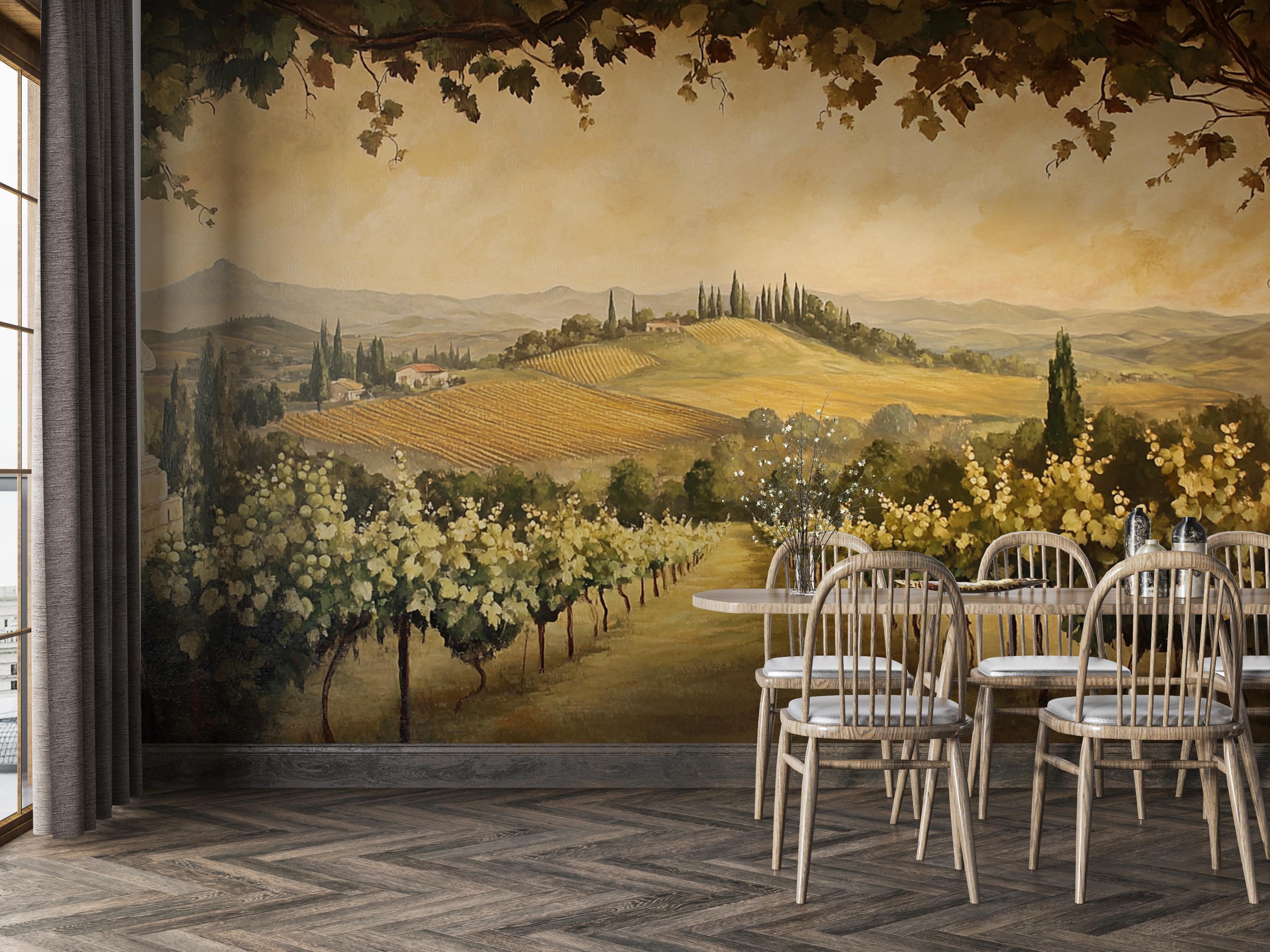 Tuscan Vineyard Wall Mural | Italian Countryside Rustic Wine Hills ...