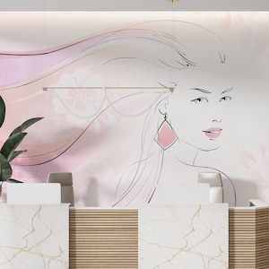 Woman Peel and Stick Pink Wallpaper for Beauty Salon Self Adhesive Removable Fabric Spa Salon Mural Wallpaper PW157