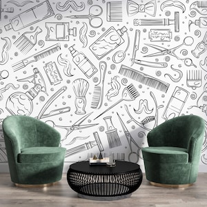 Hair Salon Tools Wallpaper Peel and Stick Self Adhesive Removable Barber Shop Wall Graphics Hair Cuts Vintage Wallpaper PW584