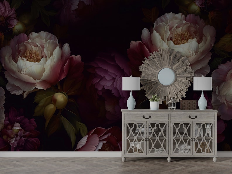 Dramatic Peony Bloom Mural | Dark Floral Peel & Stick Wallpaper | Moody ...