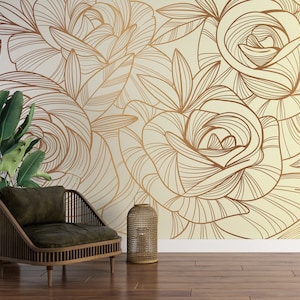 Gold Roses Peel and Stick Wallpaper Floral Wall Mural Self Adhesive Removable Fabric Rose Wallpaper PW262
