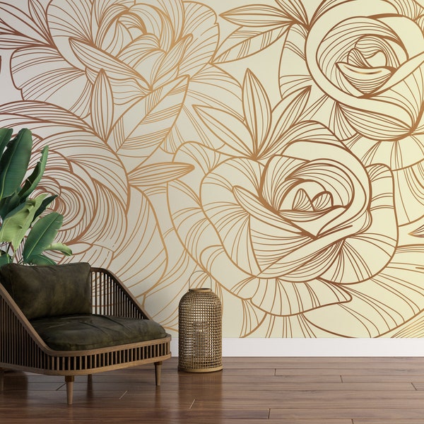 Gold Roses Peel and Stick Wallpaper Floral Wall Mural Self Adhesive Removable Fabric Rose Wallpaper PW262