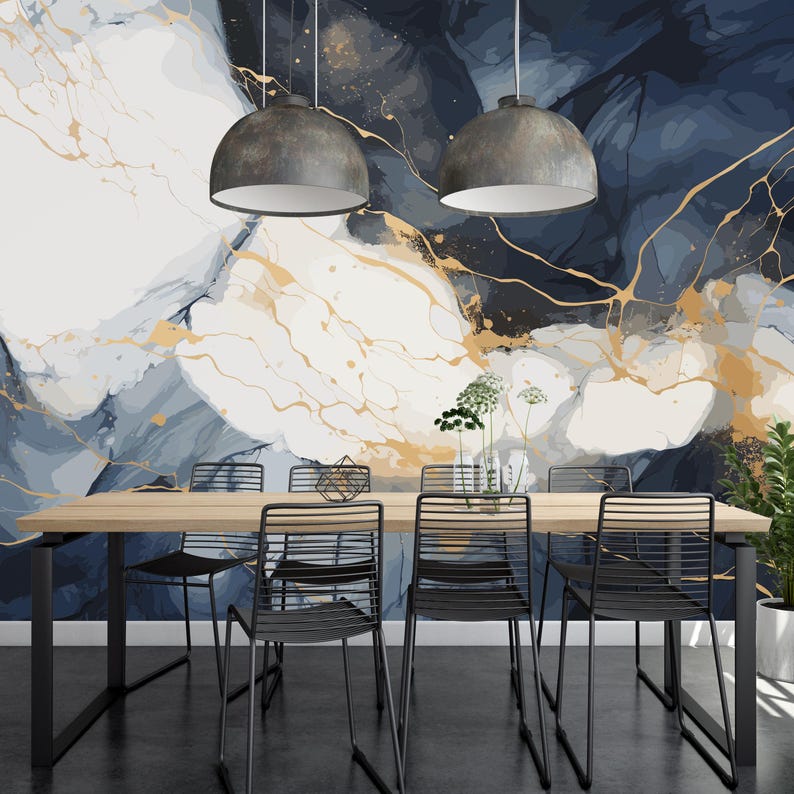 Dark Blue Marble Wallpaper | Abstract Stone Peel and Stick Wall Mural ...