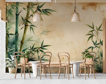 Bamboebosbehang | Peel & Stick groene plant muurschildering | Natuurcafé verwijderbaar muurdecor | PW459