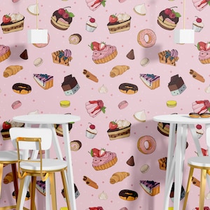 Sweets Wall Graphics Desserts Cupcakes Donut Croissant Wallpaper Peel and Stick Wallpaper Cafe Bakery Restaurant Removable Mural PW532