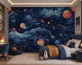 Celestial Voyage | Galaxy Space Mural Wallpaper | Kids Outer Space Peel & Stick Wall Art | PW336
