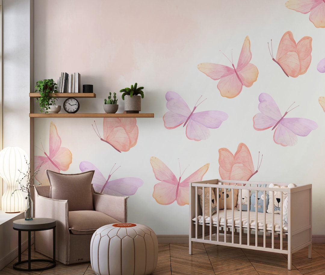 Butterfly Wallpaper Watercolor Pink Peel and Stick Wallpaper Self ...