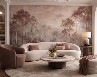 Blush Forest Wall Mural, Mauve Tree Wallpaper, Soft Woodland Peel and Stick Mural BL4