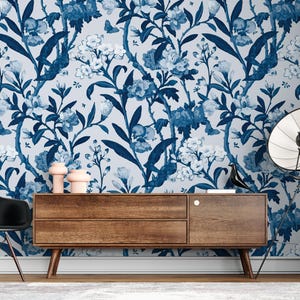 Blue Floral Wallpaper Peel and Stick Retro Blue Floral Pattern Self Adhesive Removable Wallpaper Bedroom Living Room Kitchen Nursery PW689