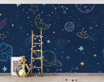 Starry Solar System Mural | Kids Space Peel & Stick Removable Wallpaper | Planets Rocket Decor | PW434
