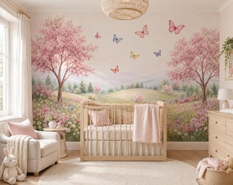 Rosy Garden Breeze | Blush Butterfly Landscape Mural | Romantic Tree Wallpaper | Peel & Stick | BL502K