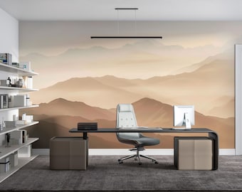 Amber Horizon Range | Warm Mountain Landscape Mural | Golden Mist Nature Wallpaper | Peel & Stick | D187
