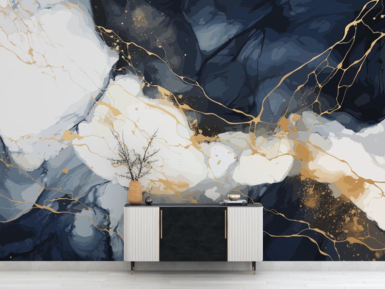 Dark Blue Marble Wallpaper | Abstract Stone Peel and Stick Wall Mural ...