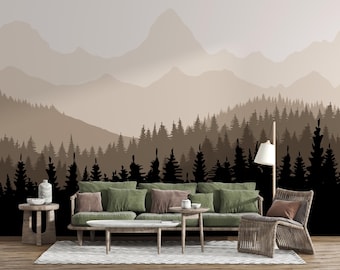 Pine Tree Forest Wall Mural | Misty Mountain Landscape Peel and Stick Wallpaper PW737
