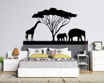 Muursticker safaridieren: muurkunst silhouet Afrikaanse savanne AF53