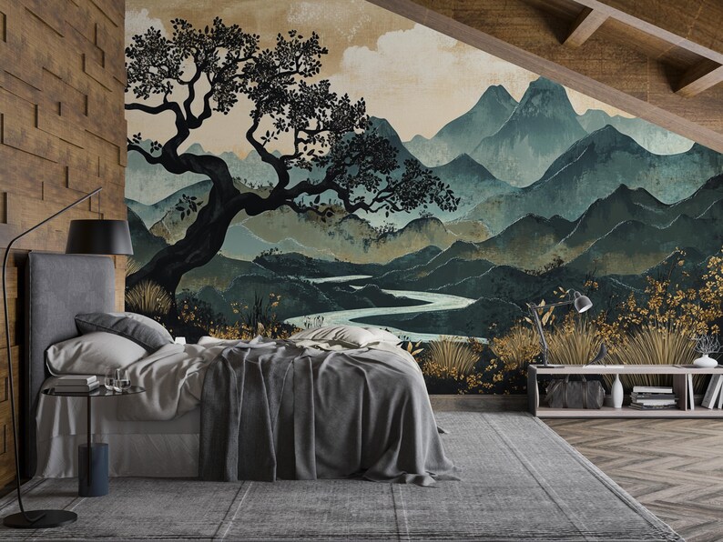 Silent River Canopy | Mountain Landscape Wall Mural Peel and Stick ...