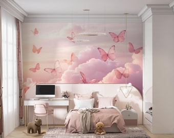 Blush Drift | Pink Butterfly Mural Wallpaper | Dreamy Cloud Peel and Stick Wall Art | PW701