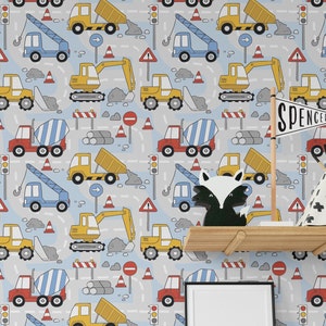 Construction Nursery Peel and Stick Wallpaper Crane Bulldozer Construction Wallpaper Self Adhesive Removable Fabric Wallpaper PW117