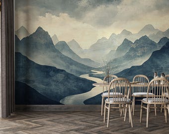 Mountain River Wall Mural | Serene Blue Nature Landscape Peel and Stick V12