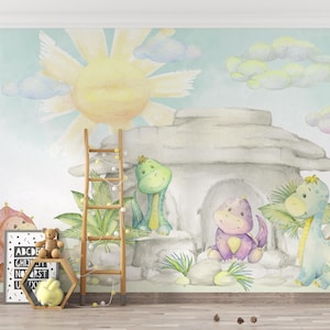 Watercolor Dinosaur Mural | Playful Green Dino Forest Scene | Peel and Stick Wallpaper PW669