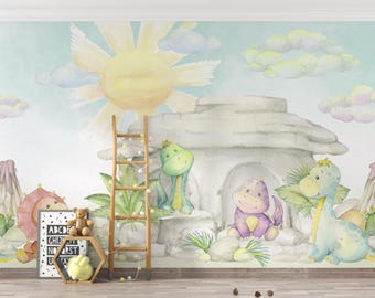 Watercolor Dinosaur Mural | Playful Green Dino Forest Scene | Peel and Stick Wallpaper PW669