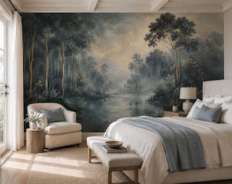 Forest Lake Wall Mural, Blue Water Wallpaper, Moody Woodland Peel and Stick Mural BL8