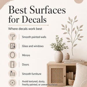 May include: An informational graphic titled Best Surfaces for Decals, listing smooth painted walls, glass, windows, mirrors, doors, and smooth furniture as ideal. It includes a warning to avoid textured, dusty, or uneven surfaces for best results.