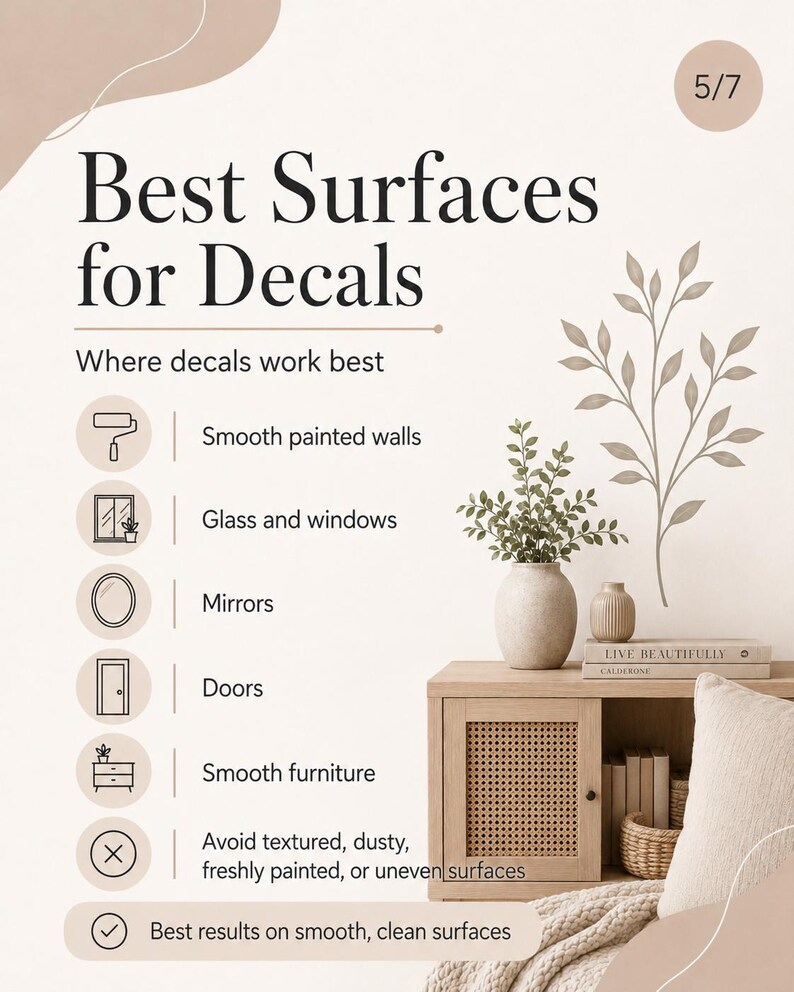 May include: An informational graphic titled Best Surfaces for Decals, listing smooth painted walls, glass, windows, mirrors, doors, and smooth furniture as ideal. It includes a warning to avoid textured, dusty, or uneven surfaces for best results.