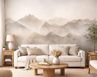 Silent Horizon Peaks | Misty Mountain Panorama Mural | Neutral Landscape Wallpaper | Peel & Stick Nature | D185