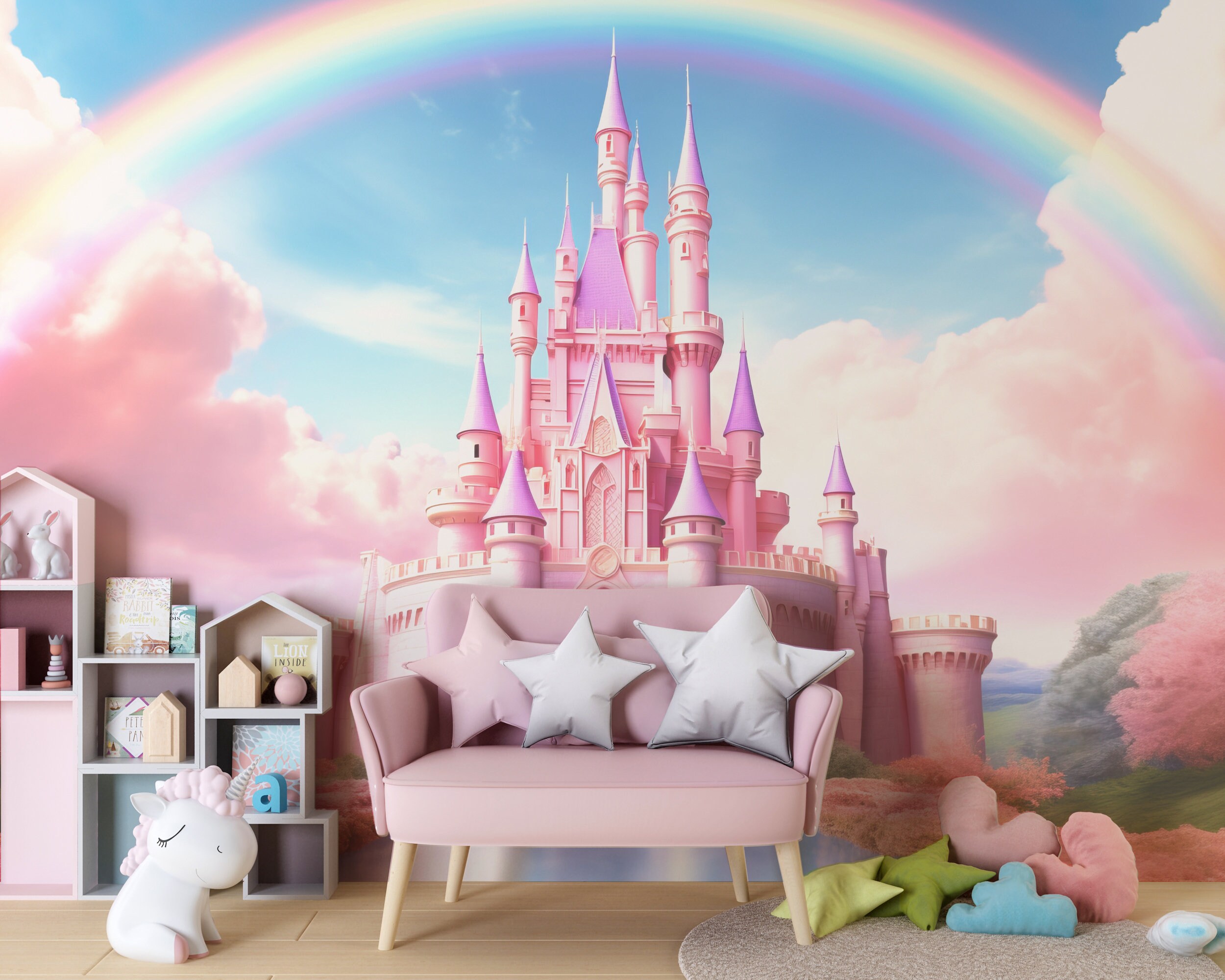 Pink Princess Castle Wallpaper | Peel & Stick Nursery Mural | Girls ...