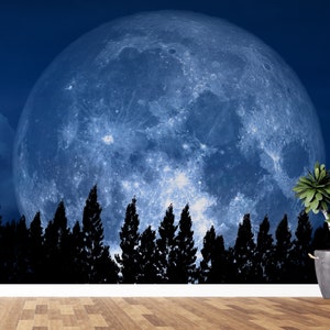 3D Moon Wallpaper Nature Trees Peel and Stick Wallpaper Moon Space Wall Mural Self Adhesive Removable Fabric Wallpaper PW184