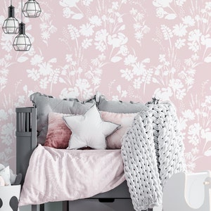 Pink and White Floral Wallpaper Peel and Stick Pink Nursery Wall Decor Self Adhesive Removable Fabric Wallpaper PW114