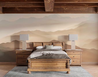 Golden Horizon Peaks | Neutral Mountain Wall Mural | Beige Landscape Peel and Stick Wallpaper | D187