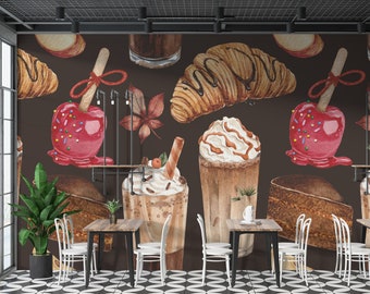Kaffee-Süßigkeiten-Desserts-Tapete zum Abziehen und Aufkleben für Cafés, selbstklebende, abnehmbare Stoff-Wandtapete für Restaurants, PW525