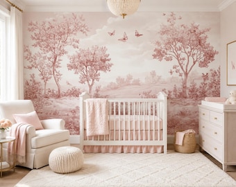 Blush Meadow Whispers | Pink Butterfly Tree Mural | Soft Landscape Peel & Stick Wallpaper | BL501K