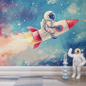 Starbound Voyager Astronaut Rocket | Watercolor Space Kids Wall Mural | Peel & Stick Wallpaper | AST01K