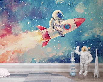 Starbound Voyager Astronaut Rocket | Watercolor Space Kids Wall Mural | Peel & Stick Wallpaper | AST01K