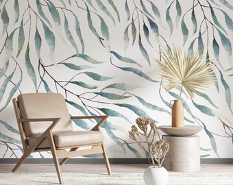 Peel & Stick Greenery Leaf Wallpaper – Watercolor Eucalyptus Self-Adhesive Mural, 17.3" X 236.2" Roll For Bedroom, Bathroom, Living Room