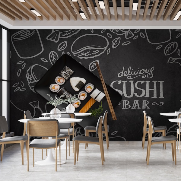 Sushi Bar Wall Mural | Japanese Restaurant Chalkboard Style | Peel & Stick Food Wallpaper | PW168